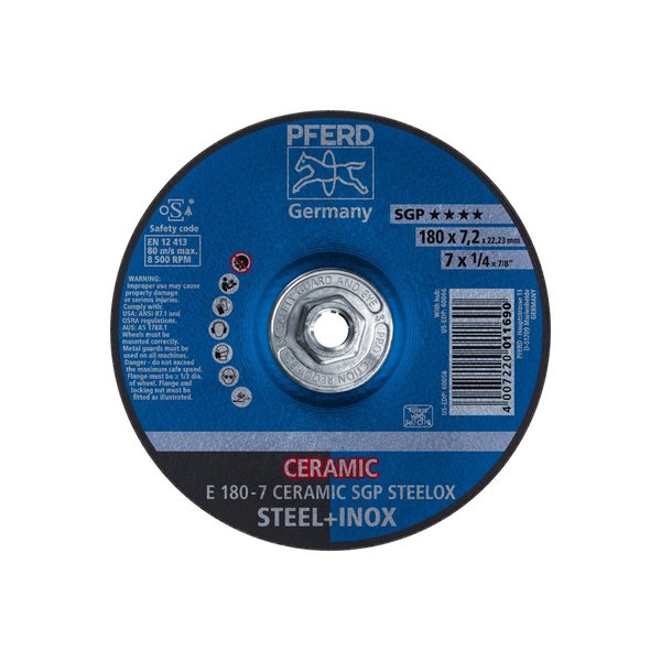 Pferd Grinding Wheel, T27, 7"x1/4"x5/8"-11", Type 27, 7 in Dia, 1/4 in Thick, 5/8"-11 Arbor Hole Size 60066